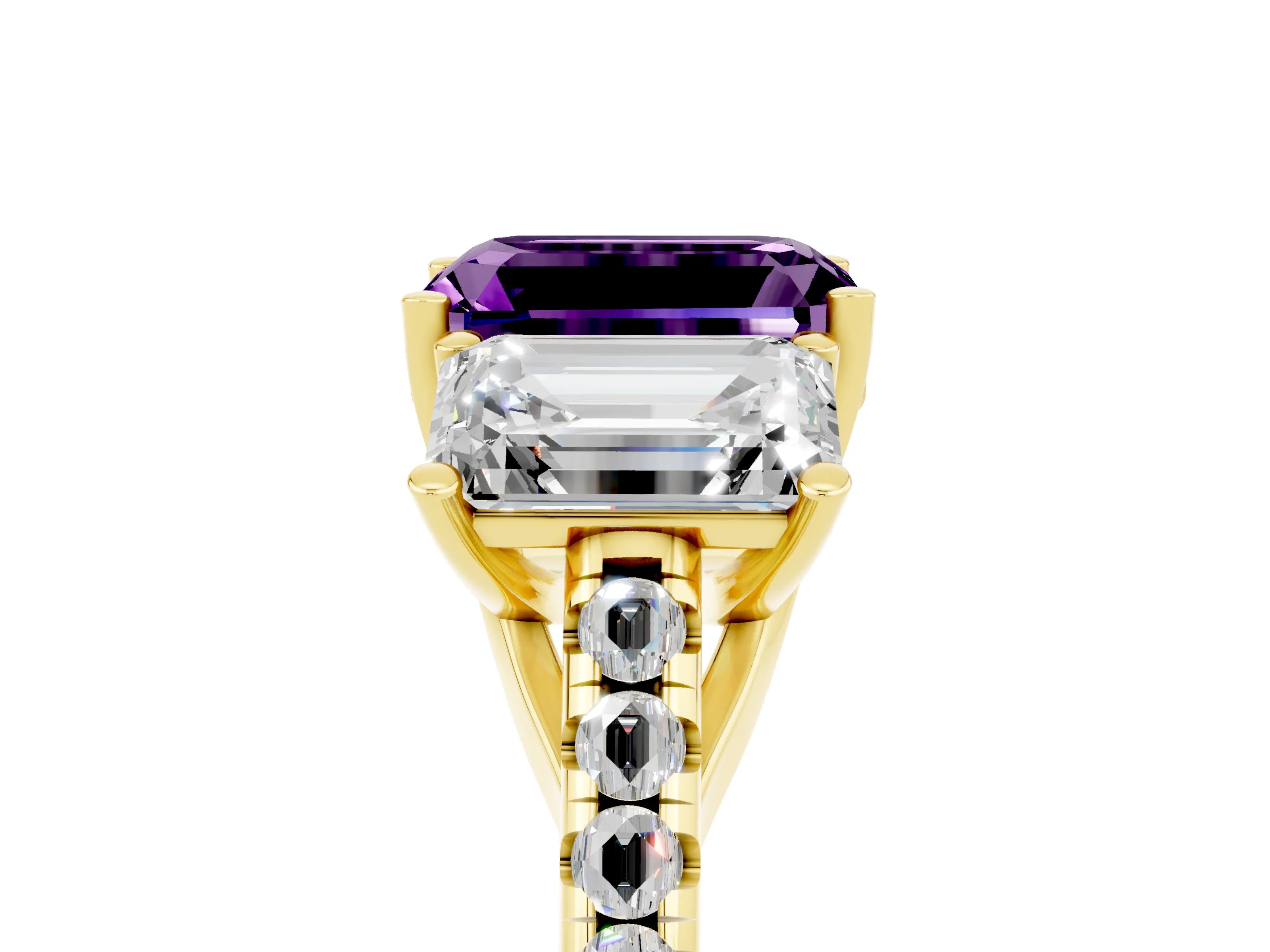 Yellow gold Three-Stone Emerald Cut Amethyst Ring with Pavé Band and Prong Setting_17