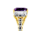 Yellow gold Three-Stone Emerald Cut Amethyst Ring with Pavé Band and Prong Setting_17