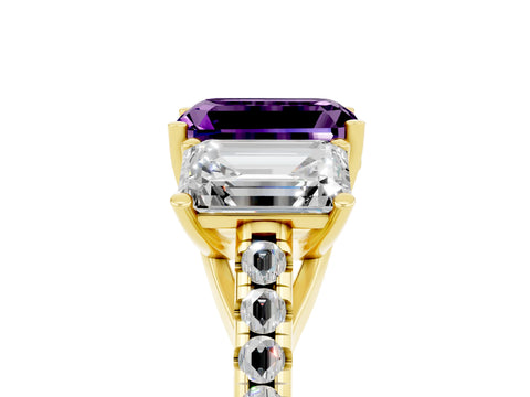 Yellow gold Three-Stone Emerald Cut Amethyst Ring with Pavé Band and Prong Setting_17