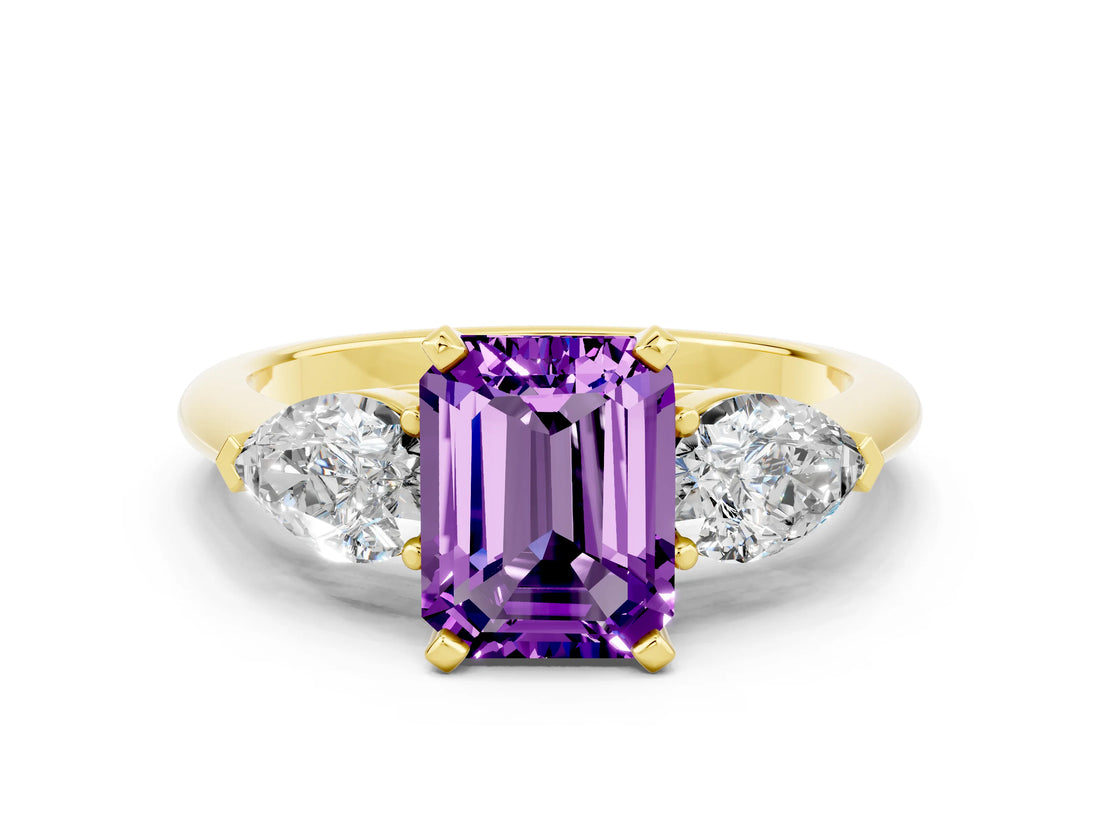 Yellow gold Three-Stone Emerald Cut Amethyst Ring with Pear Side Stones and Four-Prong Setting