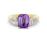 Yellow gold Three-Stone Emerald Cut Amethyst Ring with Pear Side Stones and Four-Prong Setting