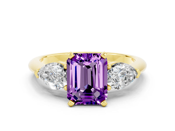 Yellow gold Three-Stone Emerald Cut Amethyst Ring with Pear Side Stones and Four-Prong Setting