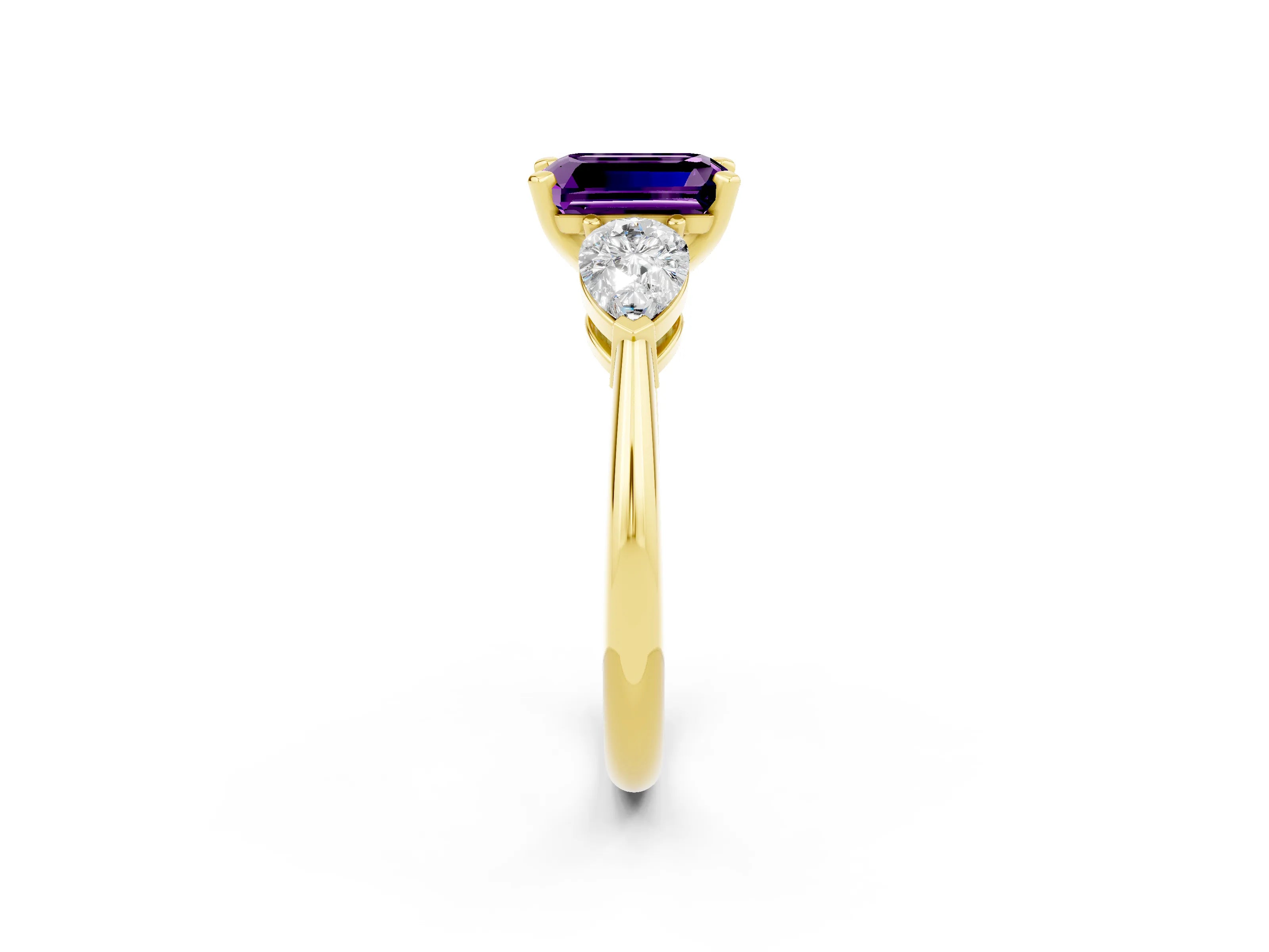 Yellow gold Three-Stone Emerald Cut Amethyst Ring with Pear Side Stones and Four-Prong Setting_2