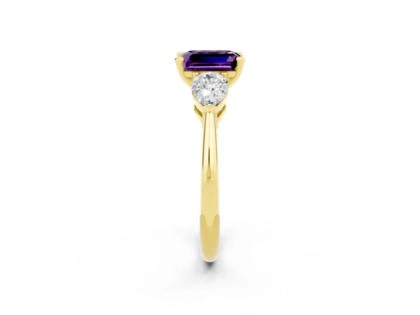 Yellow gold Three-Stone Emerald Cut Amethyst Ring with Pear Side Stones and Four-Prong Setting