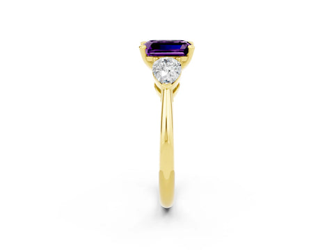 Yellow gold Three-Stone Emerald Cut Amethyst Ring with Pear Side Stones and Four-Prong Setting_2