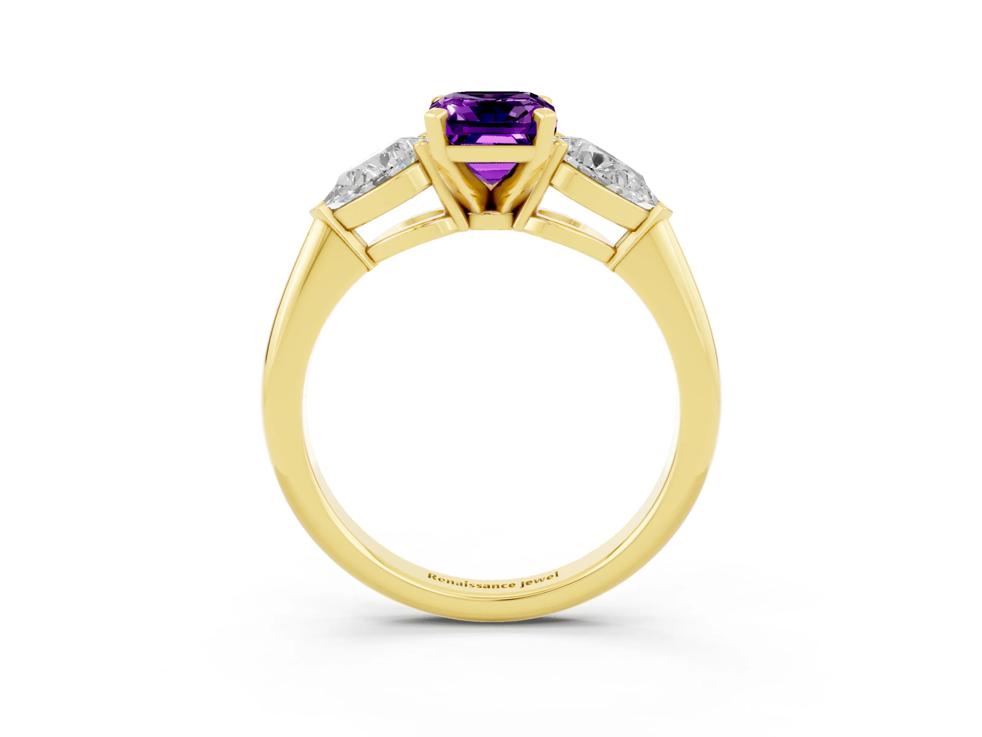 Yellow gold Three-Stone Emerald Cut Amethyst Ring with Pear Side Stones and Four-Prong Setting_3