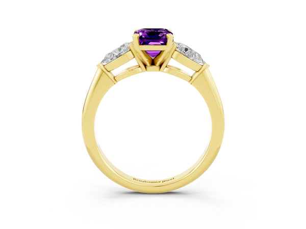 Yellow gold Three-Stone Emerald Cut Amethyst Ring with Pear Side Stones and Four-Prong Setting