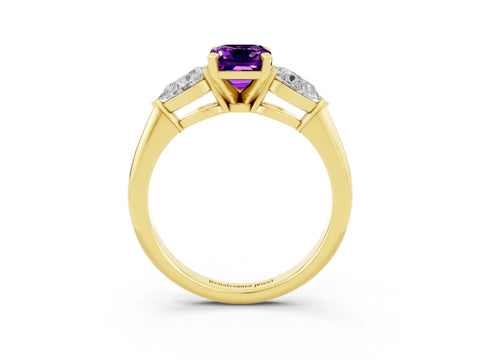 Yellow gold Three-Stone Emerald Cut Amethyst Ring with Pear Side Stones and Four-Prong Setting_3