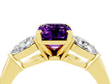 Yellow gold Three-Stone Emerald Cut Amethyst Ring with Pear Side Stones and Four-Prong Setting_4