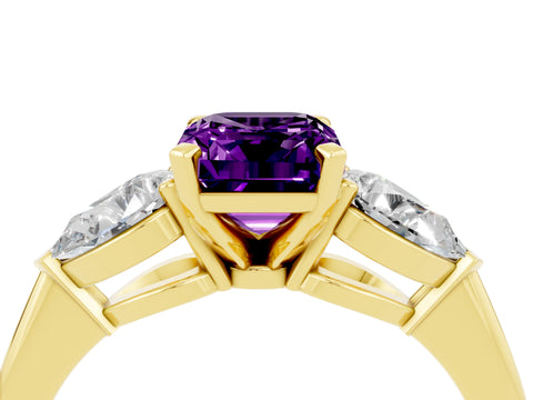 Yellow gold Three-Stone Emerald Cut Amethyst Ring with Pear Side Stones and Four-Prong Setting_4