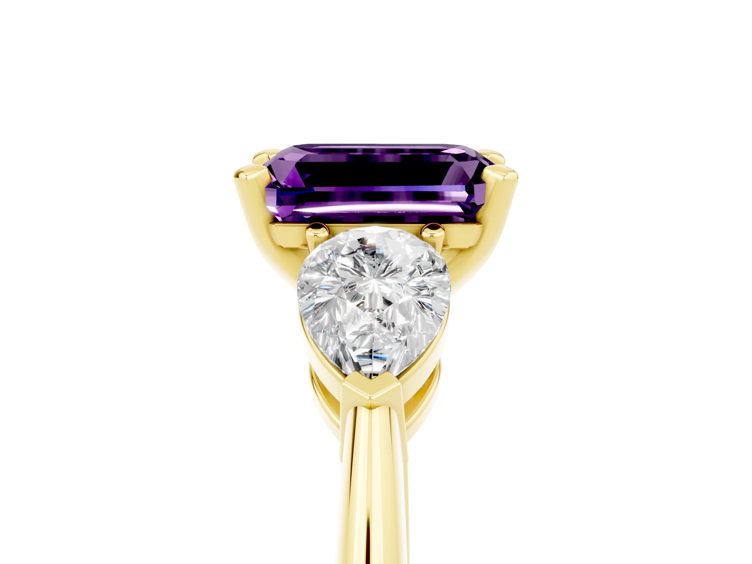 Yellow gold Three-Stone Emerald Cut Amethyst Ring with Pear Side Stones and Four-Prong Setting_5
