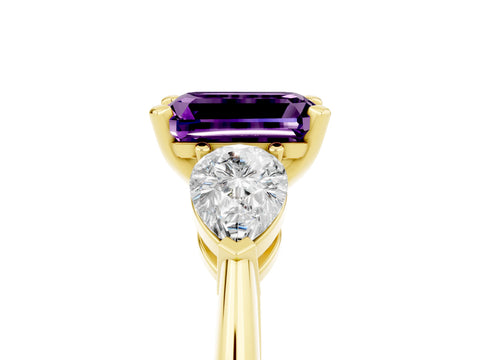 Yellow gold Three-Stone Emerald Cut Amethyst Ring with Pear Side Stones and Four-Prong Setting_5
