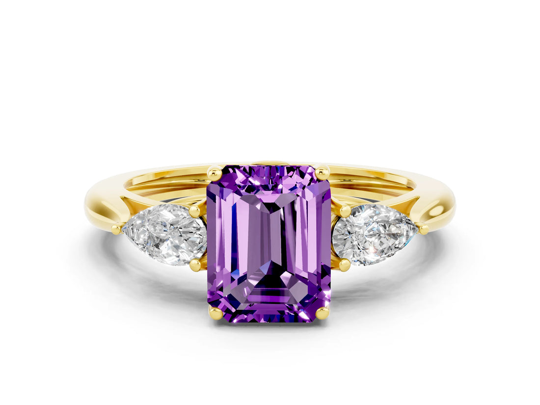 Yellow gold Three-Stone Emerald Cut Amethyst Ring with Pear  Side Stones in Four-Prong Setting_12