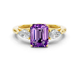 Yellow gold Three-Stone Emerald Cut Amethyst Ring with Pear  Side Stones in Four-Prong Setting_12