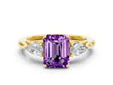 Yellow gold Three-Stone Emerald Cut Amethyst Ring with Pear  Side Stones in Four-Prong Setting_36