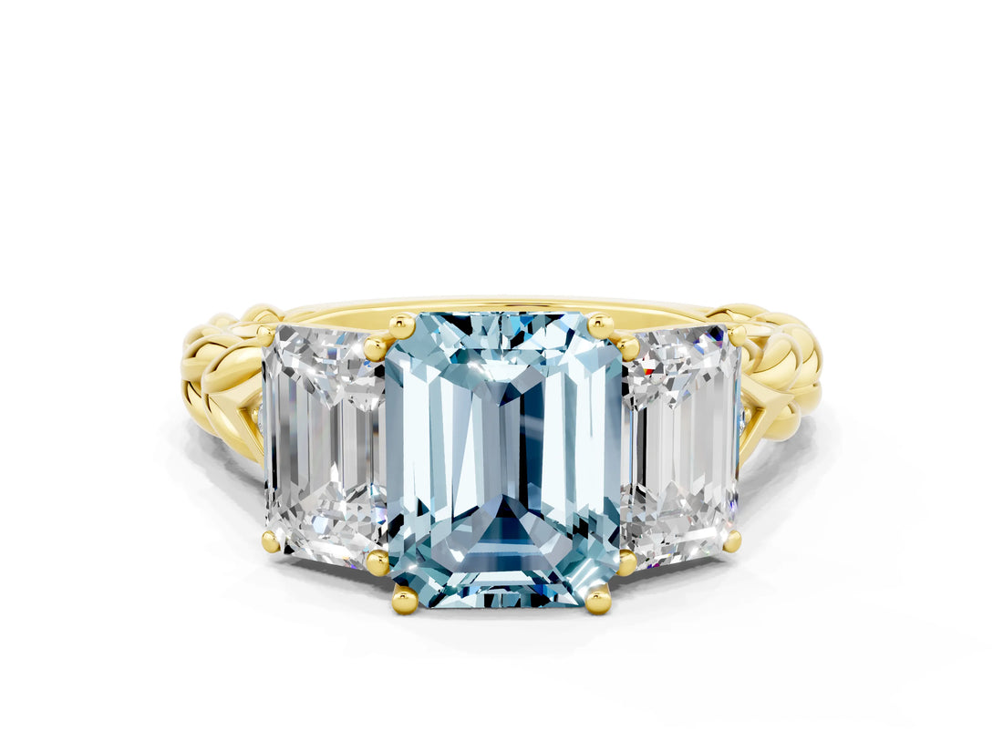 Yellow gold Three-Stone Emerald Cut Aquamarine Braided Band Ring with Four-Prong Setting_36