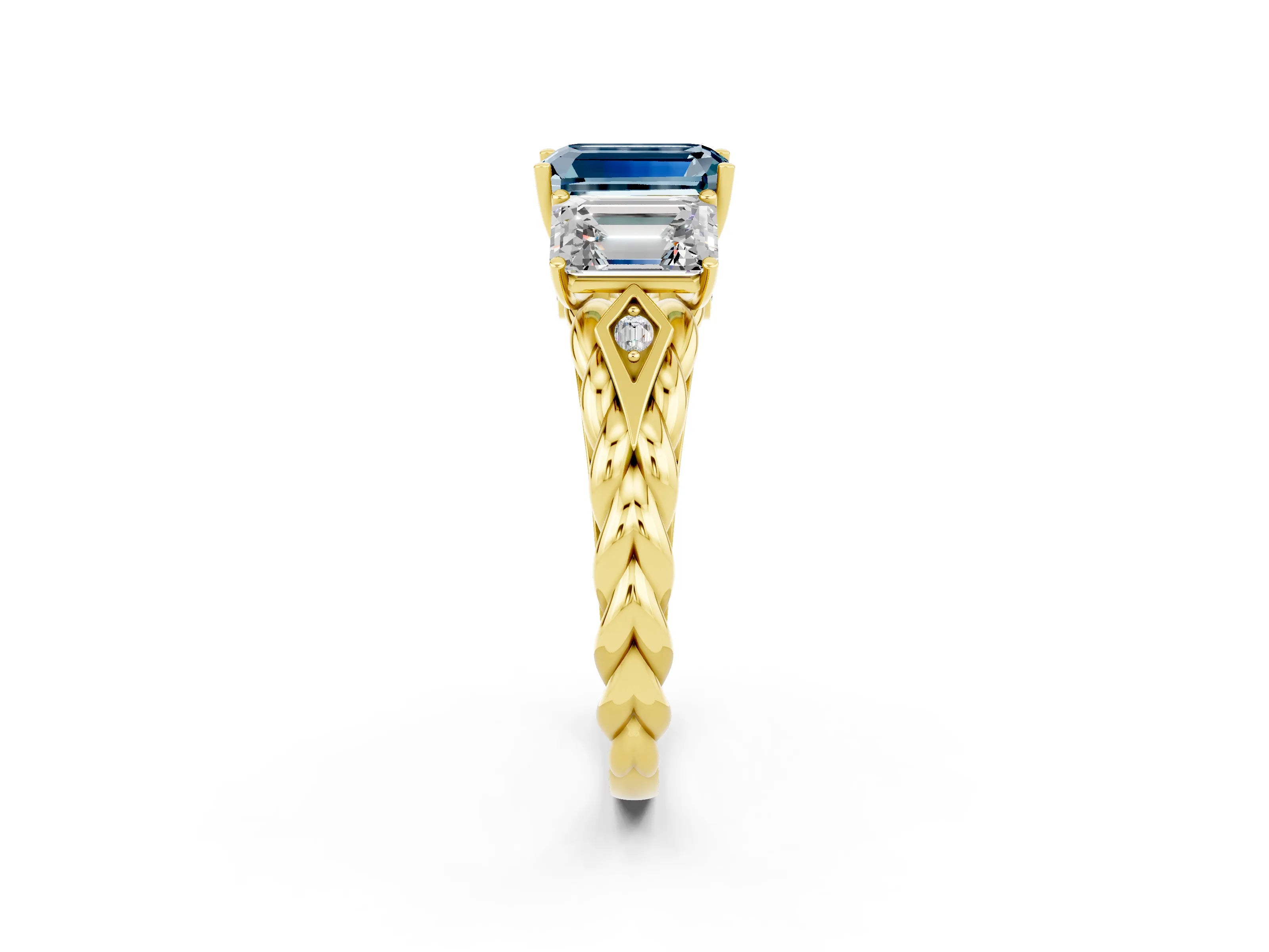 Yellow gold Three-Stone Emerald Cut Aquamarine Braided Band Ring with Four-Prong Setting_38