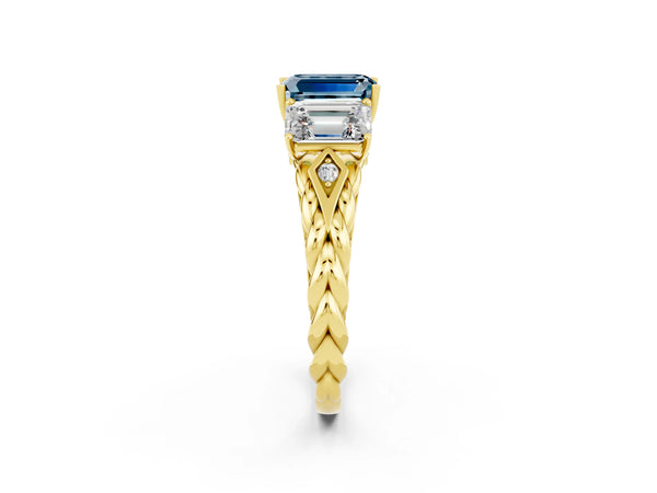 Yellow gold Three-Stone Emerald Cut Aquamarine Braided Band Ring with Four-Prong Setting