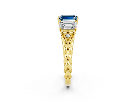 Yellow gold Three-Stone Emerald Cut Aquamarine Braided Band Ring with Four-Prong Setting_38
