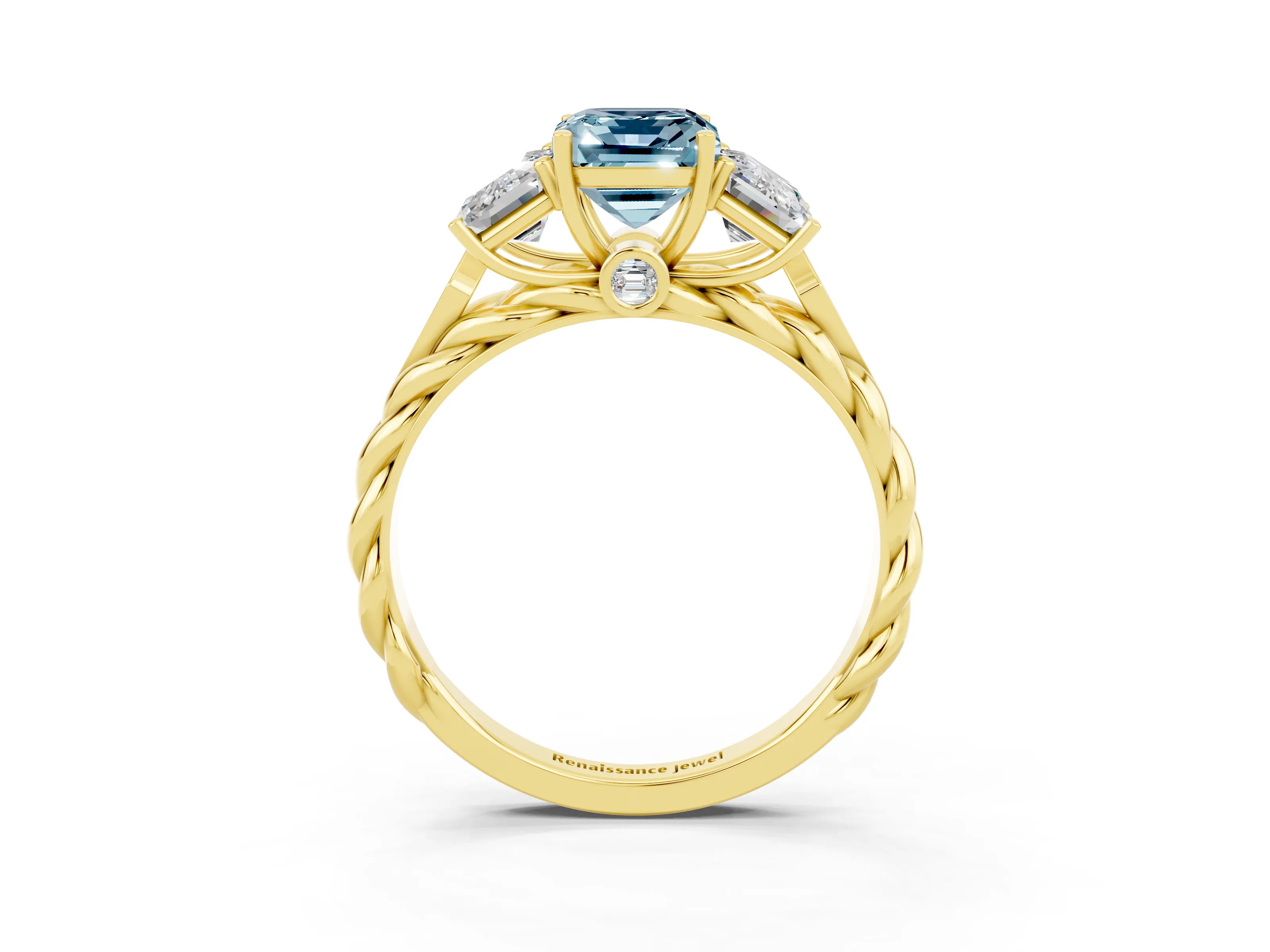 Yellow gold Three-Stone Emerald Cut Aquamarine Braided Band Ring with Four-Prong Setting_39