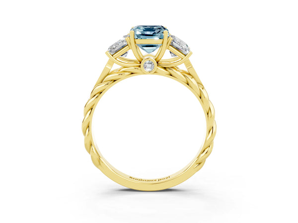 Yellow gold Three-Stone Emerald Cut Aquamarine Braided Band Ring with Four-Prong Setting