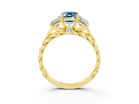 Yellow gold Three-Stone Emerald Cut Aquamarine Braided Band Ring with Four-Prong Setting_39