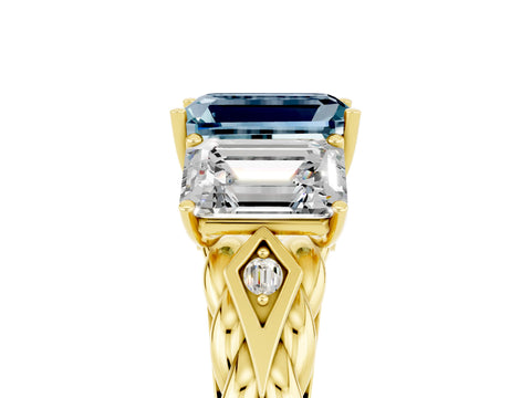 Yellow gold Three-Stone Emerald Cut Aquamarine Braided Band Ring with Four-Prong Setting_41