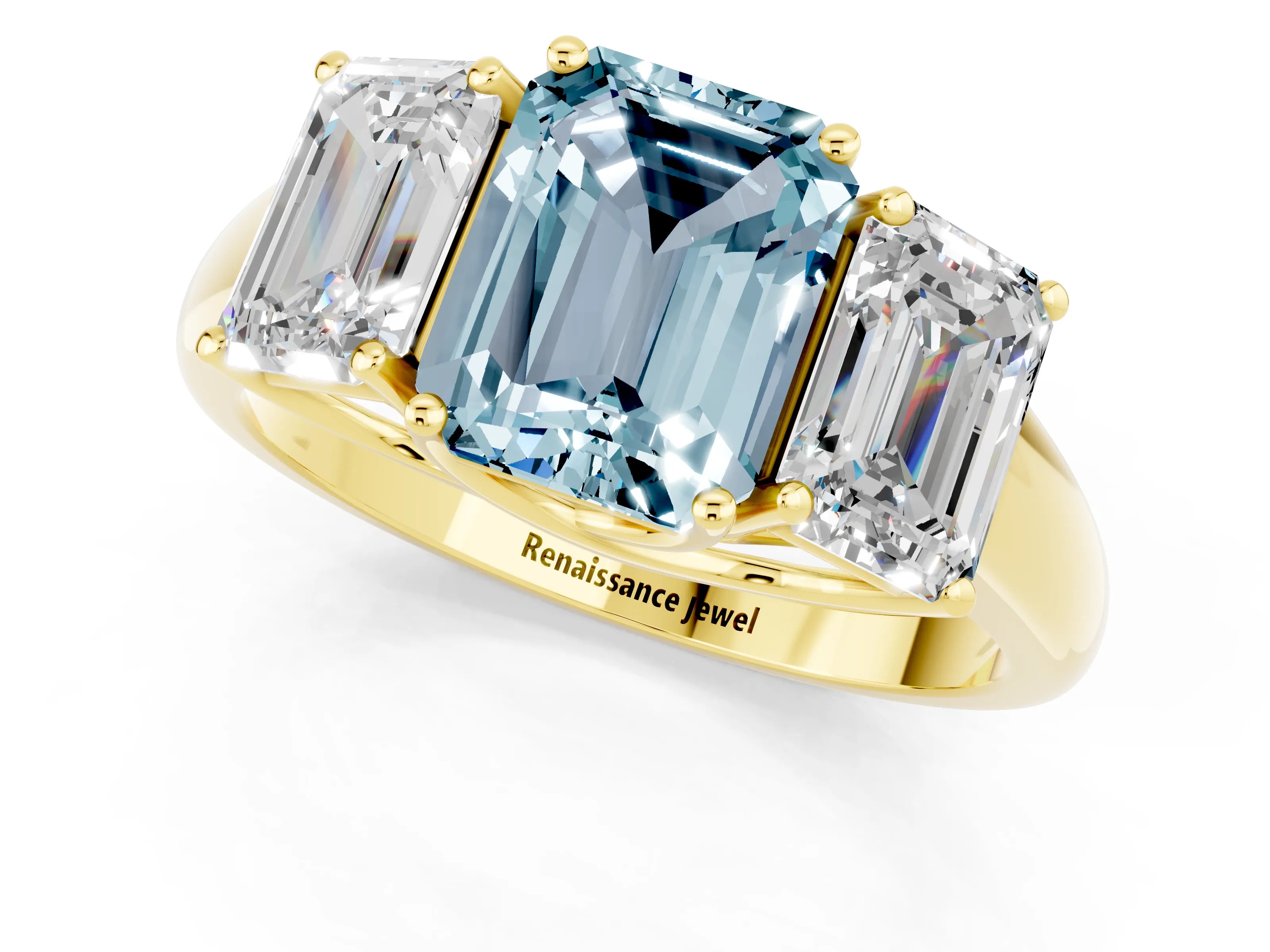 Yellow gold Three-Stone Emerald Cut Aquamarine Engagement Ring with Prong Setting_1