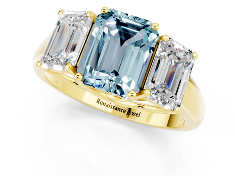 Yellow gold Three-Stone Emerald Cut Aquamarine Engagement Ring with Prong Setting_1