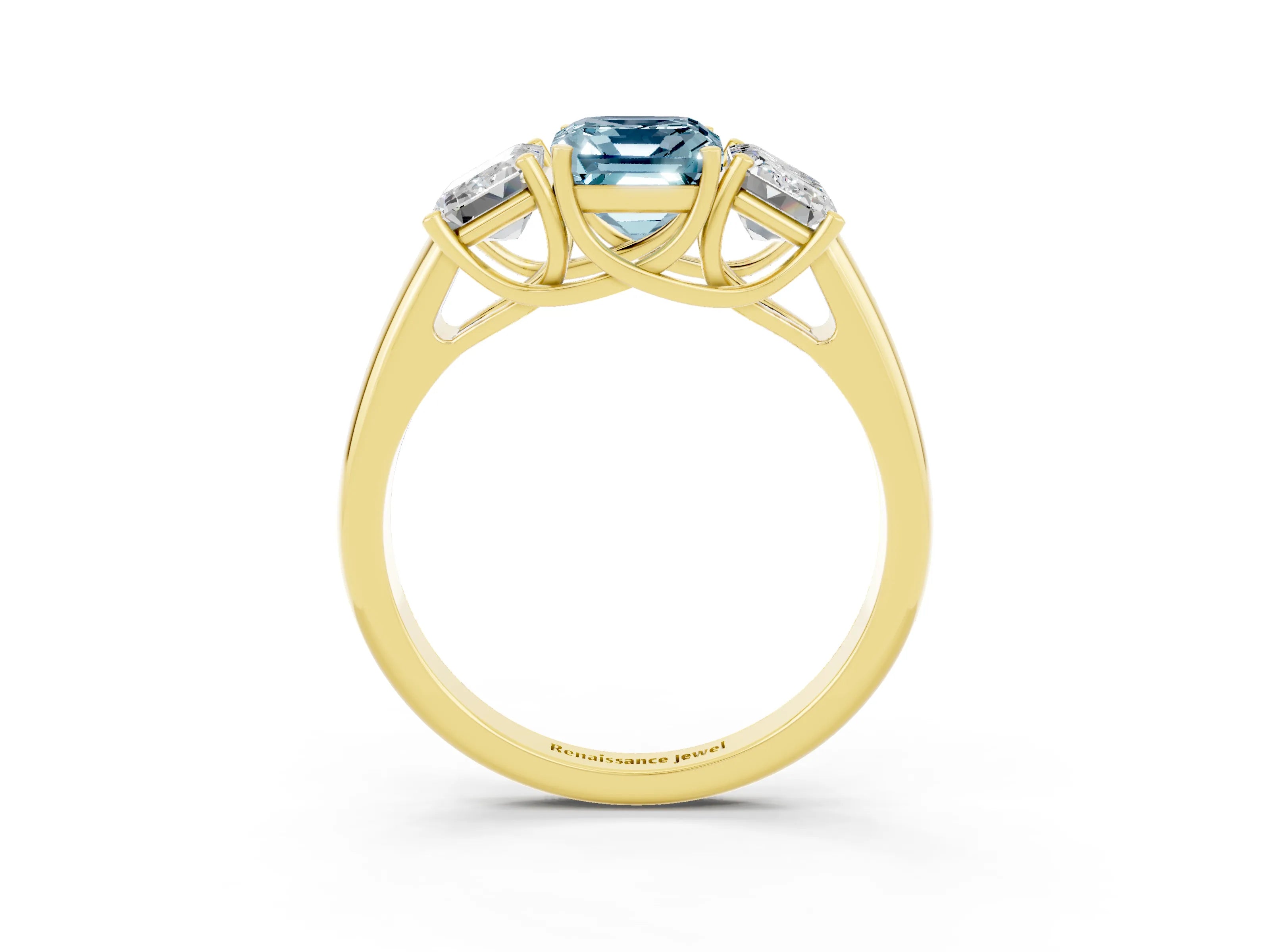 Yellow gold Three-Stone Emerald Cut Aquamarine Engagement Ring with Prong Setting_3