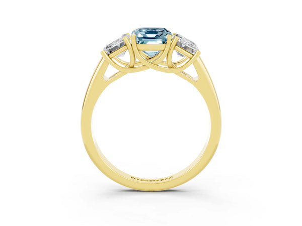 Yellow gold Three-Stone Emerald Cut Aquamarine Engagement Ring with Prong Setting