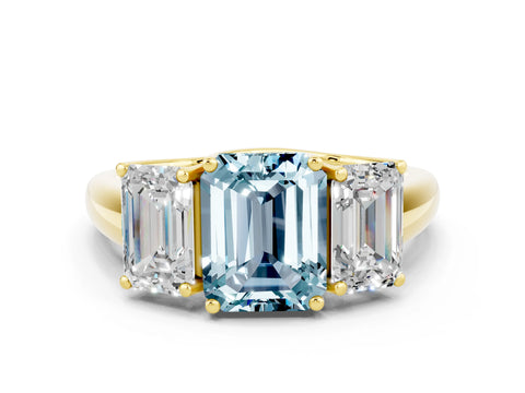 Yellow gold Three-Stone Emerald Cut Aquamarine Engagement Ring with Prong Setting
