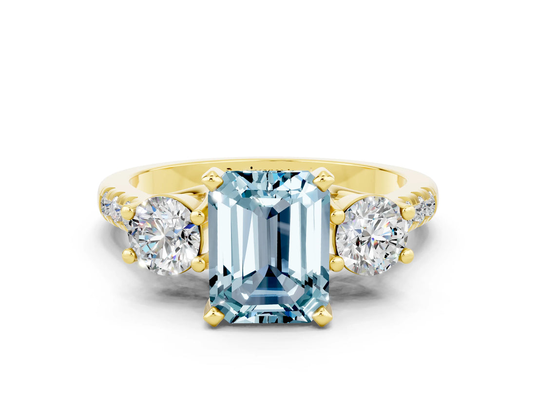 Yellow gold Three-Stone Emerald Cut Aquamarine Pavé Band with Four-Prong Setting