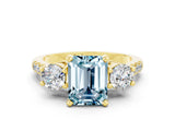 Yellow gold Three-Stone Emerald Cut Aquamarine Pavé Band with Four-Prong Setting
