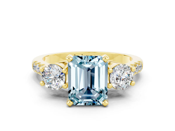 Yellow gold Three-Stone Emerald Cut Aquamarine Pavé Band with Four-Prong Setting
