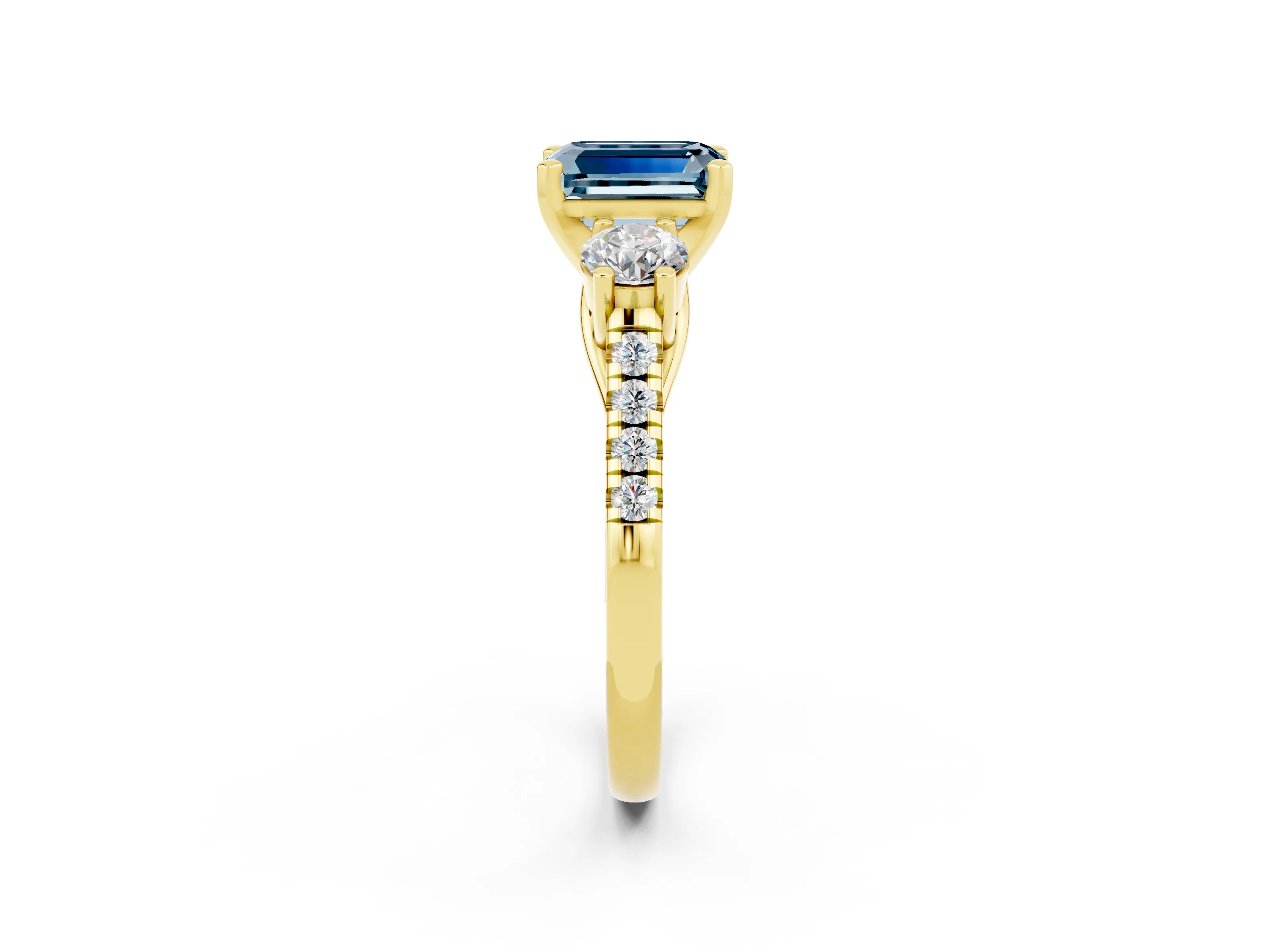Yellow gold Three-Stone Emerald Cut Aquamarine Pavé Band with Four-Prong Setting_2