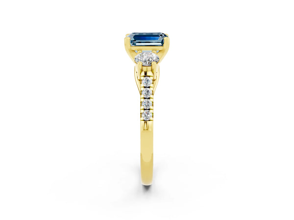 Yellow gold Three-Stone Emerald Cut Aquamarine Pavé Band with Four-Prong Setting