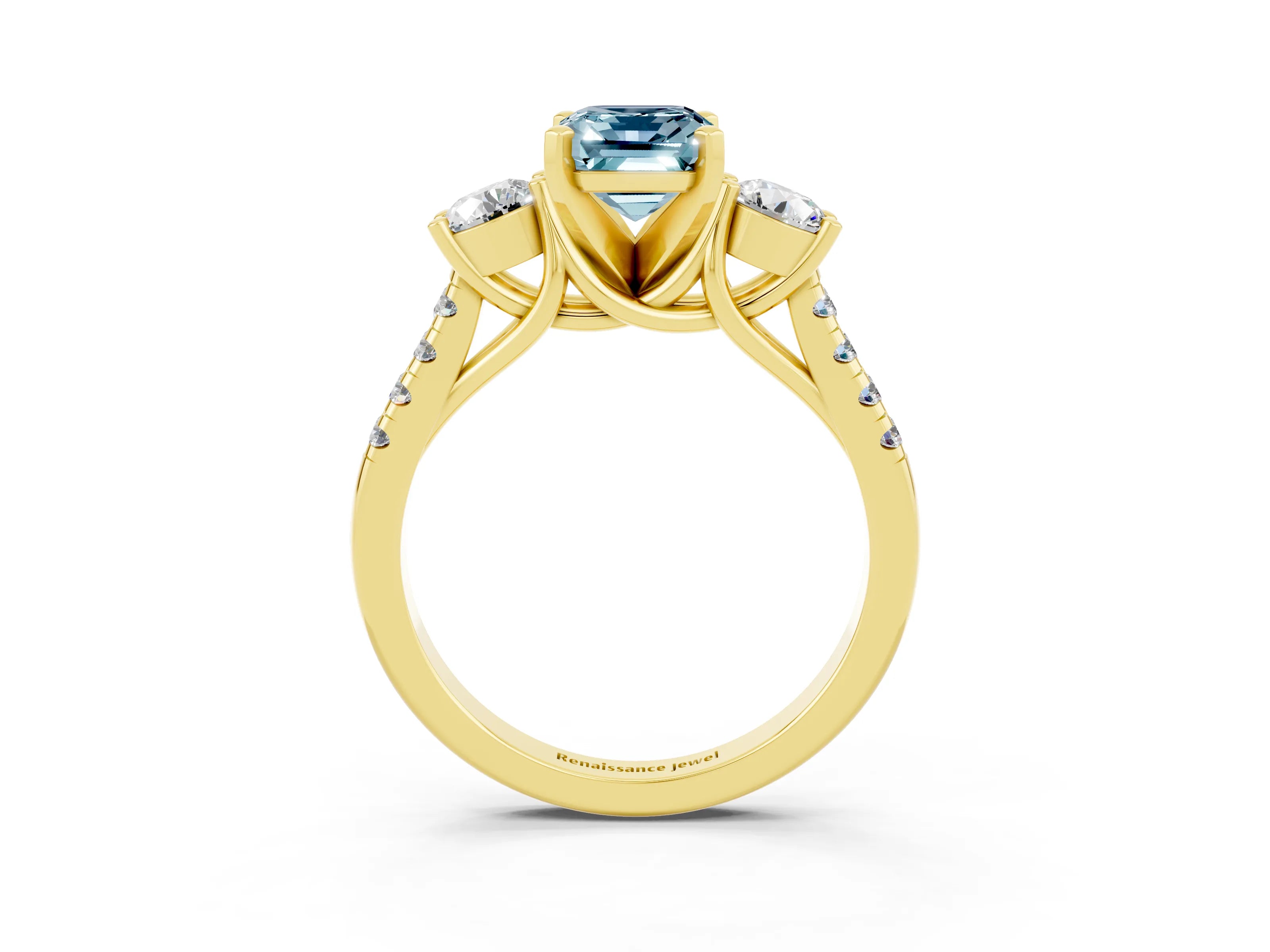 Yellow gold Three-Stone Emerald Cut Aquamarine Pavé Band with Four-Prong Setting_3