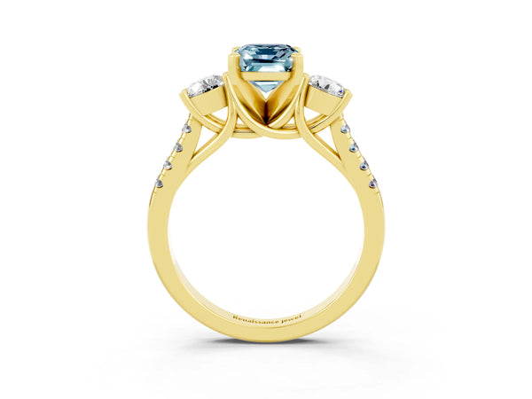 Yellow gold Three-Stone Emerald Cut Aquamarine Pavé Band with Four-Prong Setting