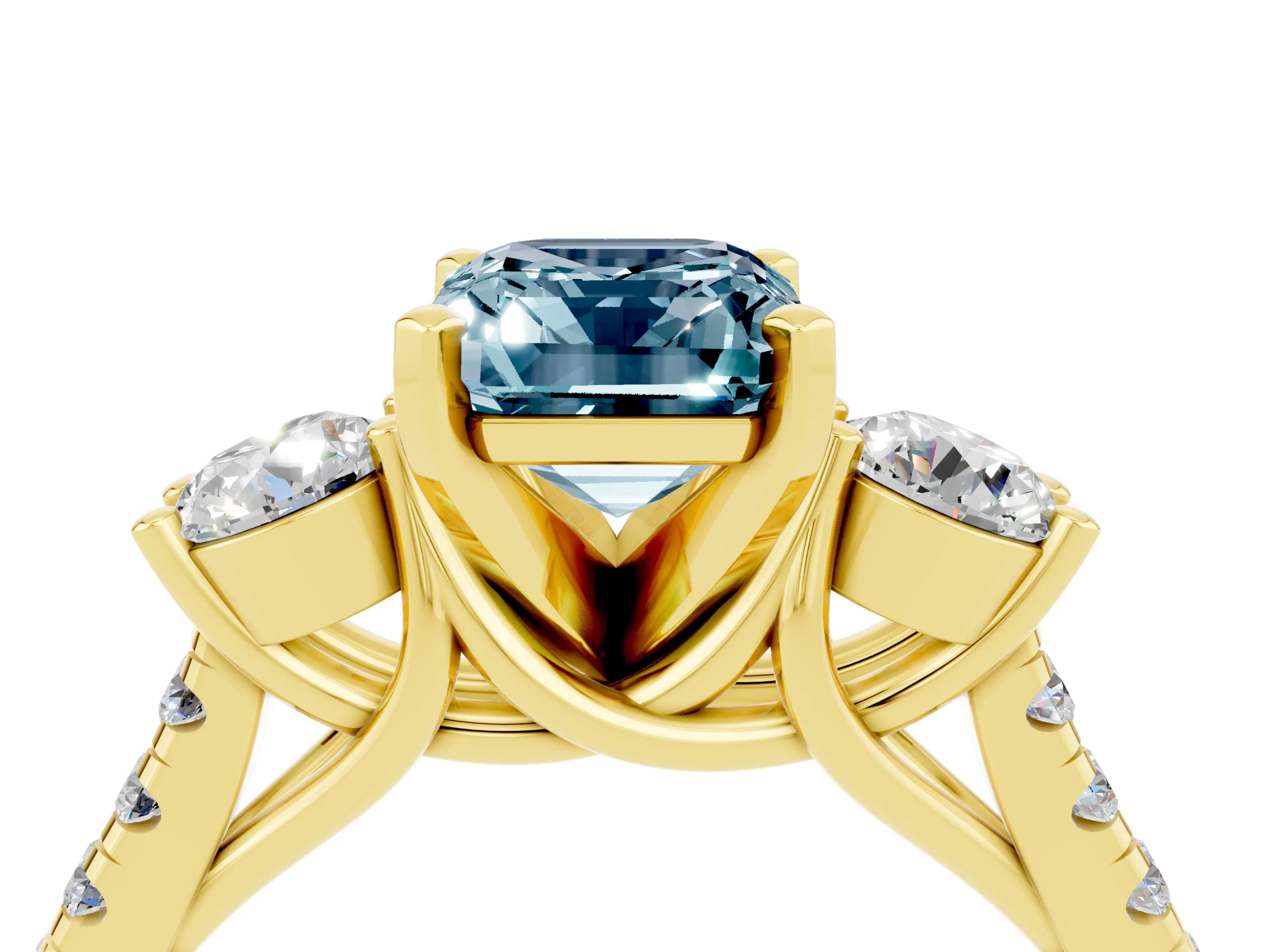 Yellow gold Three-Stone Emerald Cut Aquamarine Pavé Band with Four-Prong Setting_4