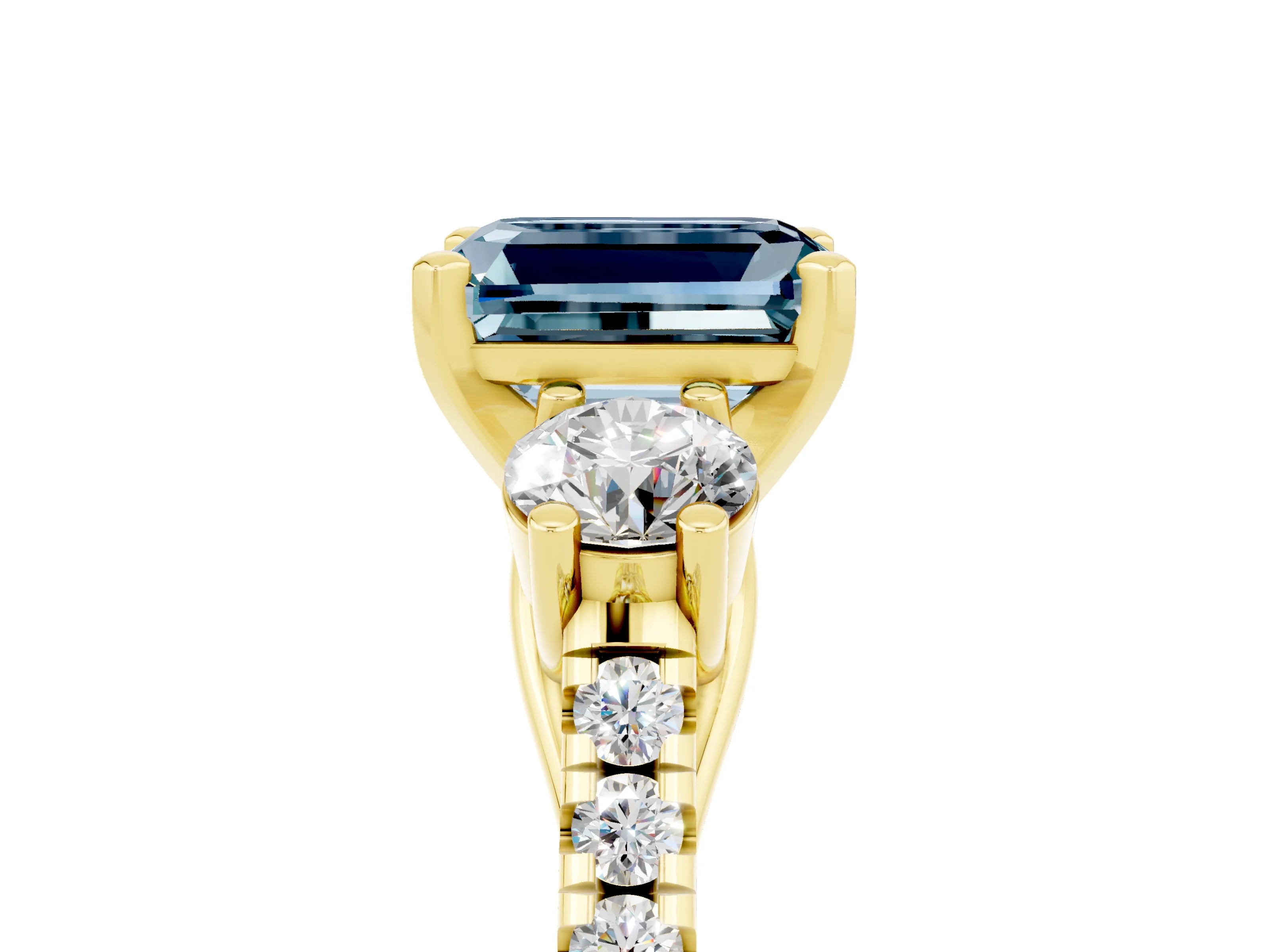 Yellow gold Three-Stone Emerald Cut Aquamarine Pavé Band with Four-Prong Setting_5
