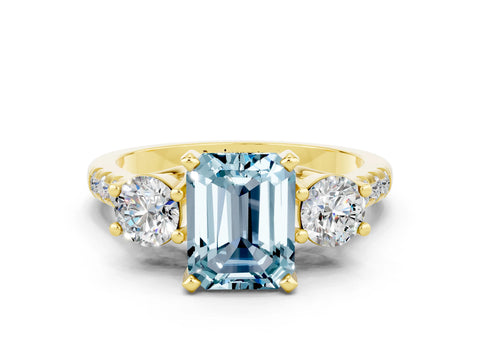Yellow gold Three-Stone Emerald Cut Aquamarine Pavé Band with Four-Prong Setting