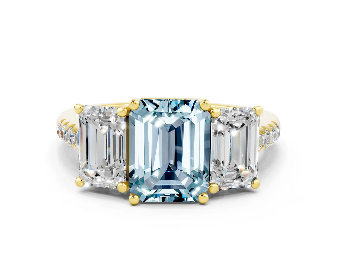 Yellow gold Three-Stone Emerald Cut Aquamarine Ring with Pavé Band and Prong Setting_12