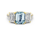 Yellow gold Three-Stone Emerald Cut Aquamarine Ring with Pavé Band and Prong Setting_12