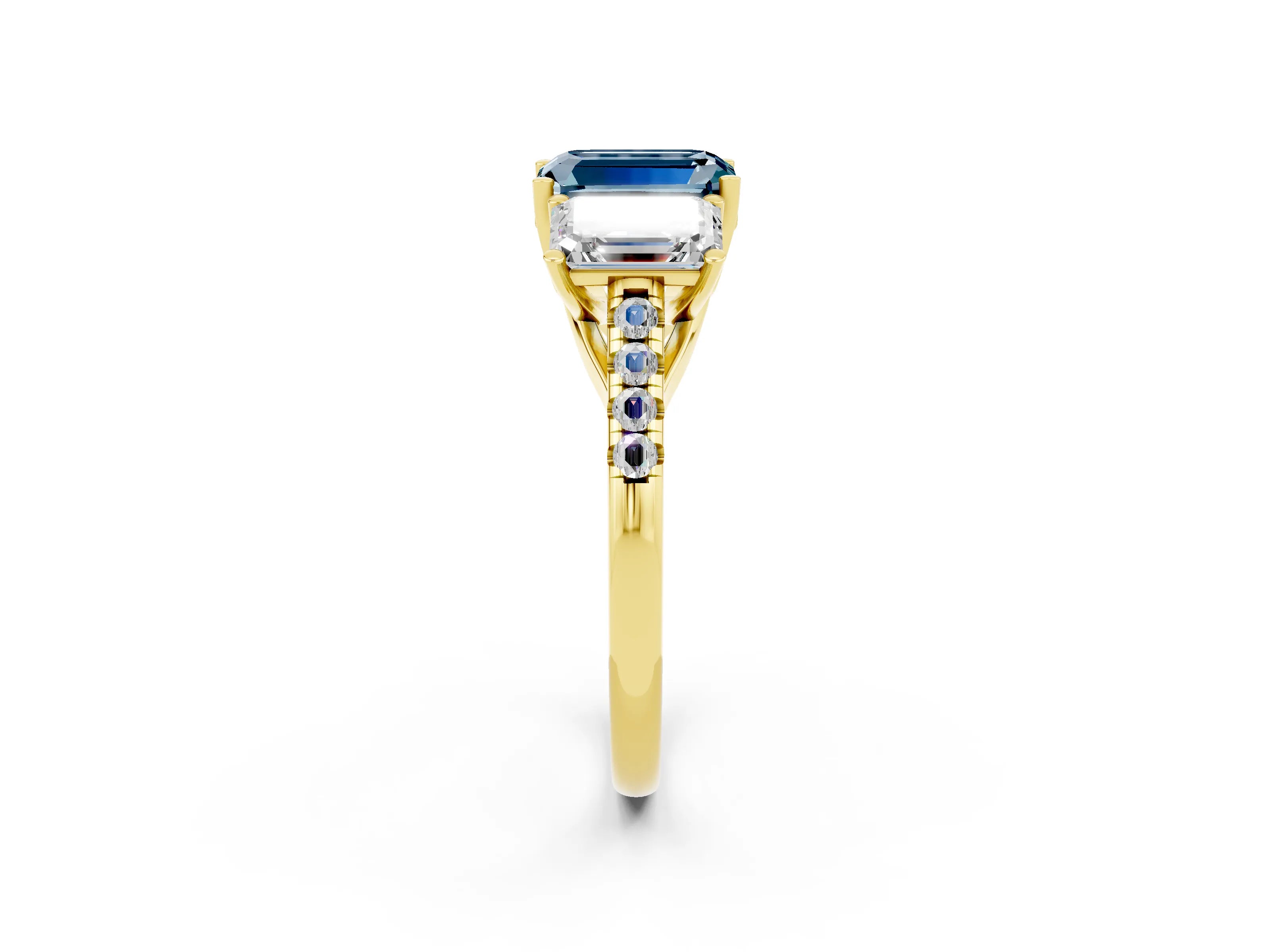 Yellow gold Three-Stone Emerald Cut Aquamarine Ring with Pavé Band and Prong Setting_14