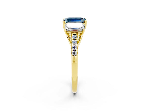 Yellow gold Three-Stone Emerald Cut Aquamarine Ring with Round  Pavé Band and Prong Setting