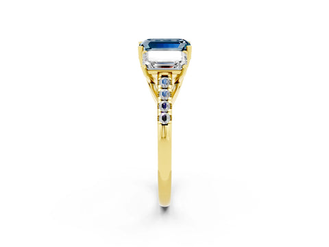 Yellow gold Three-Stone Emerald Cut Aquamarine Ring with Pavé Band and Prong Setting_14