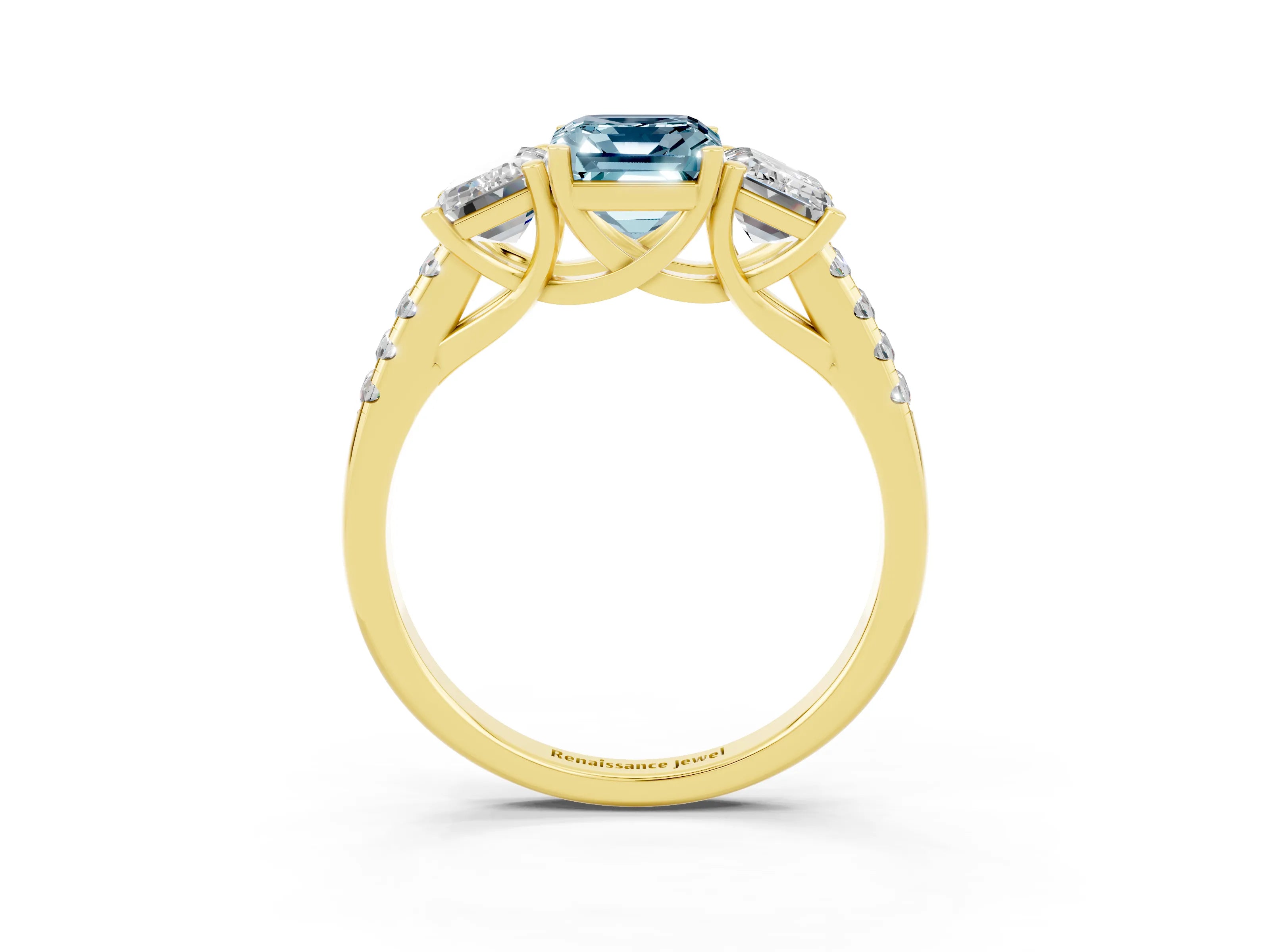 Yellow gold Three-Stone Emerald Cut Aquamarine Ring with Pavé Band and Prong Setting_15