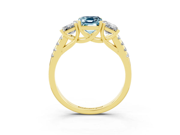 Yellow gold Three-Stone Emerald Cut Aquamarine Ring with Round  Pavé Band and Prong Setting