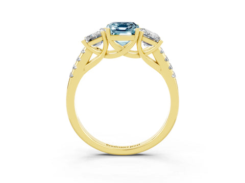 Yellow gold Three-Stone Emerald Cut Aquamarine Ring with Pavé Band and Prong Setting_15